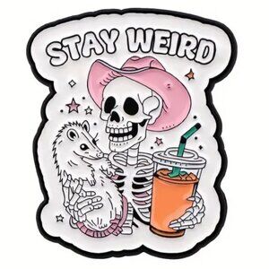 Stay Weird Skeleton Possum Coffee Cowboy Hat Enamel Pin Brooch